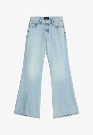 Helle blaue weite Jeans aus Denim. Hohe Taille mit Fünf-Taschen-Design und rohem Saum. Ausgewaschene Optik mit subtilen Waschungen und Nähdetails.