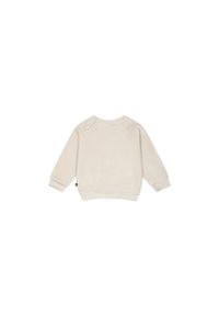 Felpa leggera beige con maniche lunghe, girocollo e due bottoni a pressione sulla spalla. Tessuto morbido e polsini a costine.