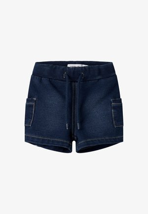 Short bleu marine pour tout-petits avec ceinture élastique côtelée, cordon à l'avant, poches plaquées latérales et surpiqûres contrastantes.