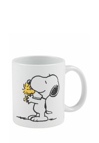 Tazza in ceramica bianca con un'illustrazione in outline nera di Snoopy che tiene Woodstock, con un tocco di colore giallo. Forma rotonda, manico standard.