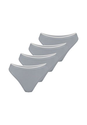 Grijze slipjes met een witte elastische tailleband, met een klassiek slipmodel. Vier paar naast elkaar weergegeven tegen een witte achtergrond.