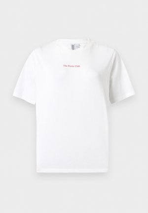White short-sleeve T-shirt with round neck, featuring small red text "The Picnic Club" centered on the chest.