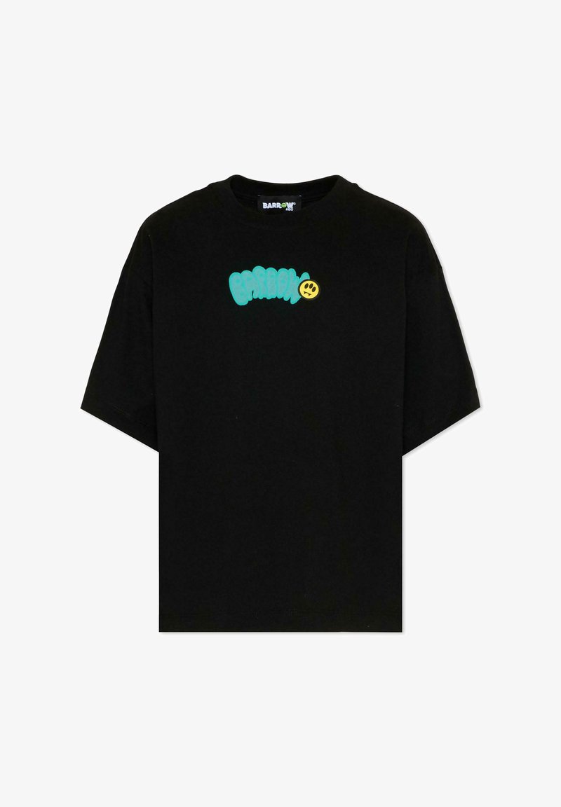 Czarny T-shirt z krótkim rękawem z turkusowym napisem w stylu bąbelkowym i małą żółtą buźką na piersi, okrągły dekolt.