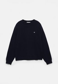 Črn pleten pulover z dolgimi rokavi, z okroglim izrezom in majhnim belim vezenim logotipom na levi strani prsi.