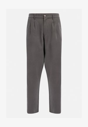 Gray pleated pants made of smooth fabric, featuring a button closure and tapered legs for a streamlined fit. No additional patterns or accents.