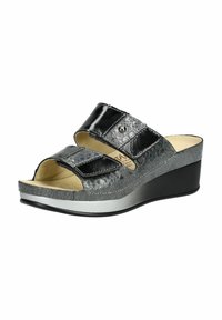 Sandali wedge aperti neri con due cinturini regolabili. Superfici lisce e testurizzate, caratterizzate da una combinazione di colori grigio chiaro e nero.