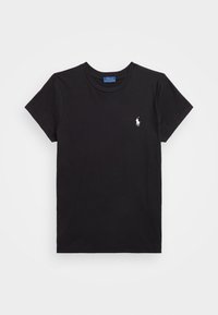 T-shirt noir à manches courtes en coton. Il a un col ras du cou et un petit logo de poney blanc sur la poitrine gauche. Design simple et uni.