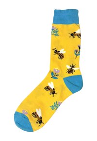 Gule sokker med blå manchet, der har et mønster af bier og blomster i sort, hvid og pastelnuancer. Lavet af bomuldsblanding, glat tekstur.