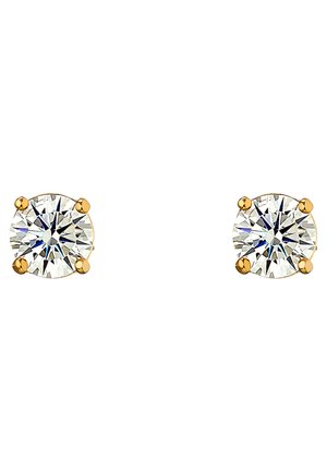 Auksinės spalvos auskarai su dideliais, apvaliais, skaidriais kubiniais zirkoniais, turinčiais facetuotą pjovimą ir tvirtais keturiais įvijonais.