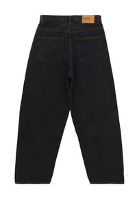 Black denim jeans with a loose fit, featuring a high waist, two back pockets, and a tan leather tag on the waistband.