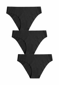 Trois paires de sous-vêtements en bikini en coton noir, présentant une texture lisse, une taille élastique et un design minimaliste.