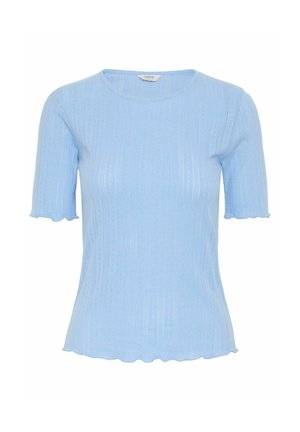 Lichtblauw t-shirt met korte mouwen van ribgebreid stof, met een ronde hals en een geschulpte zoom met een textuurpatroon.
