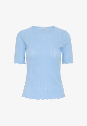 Svetlo modra kratka majica s kratkimi rokavi, izdelana iz rebrastega materiala, z okroglim ovratnikom in valovitim robom ter strukturiranim vzorcem.