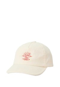 Cappello in cotone beige con visiera curva, decorato con un design grafico rosa sulla parte anteriore. Le cuciture sono visibili lungo la visiera e le cuciture.
