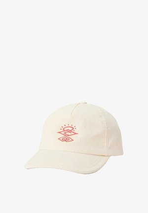 Casquette en coton beige avec une visière incurvée, présentant un design graphique rose à l'avant. Des coutures sont visibles le long de la visière et des coutures.