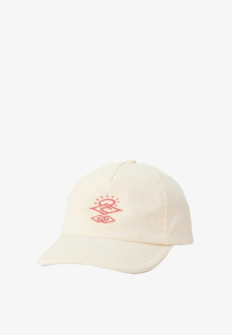 Cappello in cotone beige con visiera curva, decorato con un design grafico rosa sulla parte anteriore. Le cuciture sono visibili lungo la visiera e le cuciture.