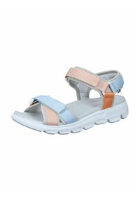 Lightweight sandal with a white rubber sole and padded straps in pastel blue and peach, featuring adjustable Velcro fastenings for a secure fit.