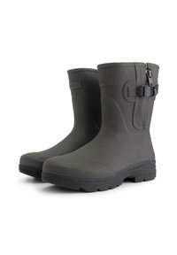 Bottes noires en caoutchouc montant jusqu'aux genoux avec une surface texturée, des semelles robustes et une fermeture par sangle latérale pour un ajustement.