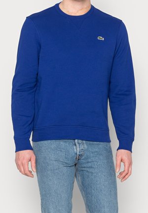 Homme portant un sweat-shirt bleu uni à manches longues avec un petit logo crocodile vert sur la poitrine et un jean bleu clair.