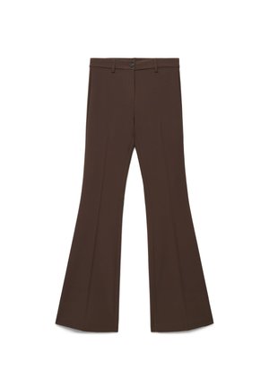 Pantalon marron taille haute avec fermeture à bouton et zip, passants de ceinture et jambes larges évasées, posé à plat sur fond blanc.