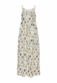 Maxi-jurk met verstelbare spaghettibandjes, gemaakt van een gestreepte stof in roomkleur, groen en zwart, en een losse, vloeiende silhouet.
