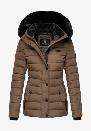 Brown padded jacket with a fur-lined hood, zip and button closure, two side pockets, and ribbed cuffs for warmth and comfort.
