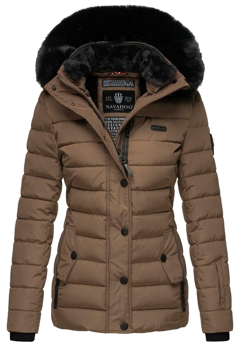 Brown padded jacket with a fur-lined hood, zip and button closure, two side pockets, and ribbed cuffs for warmth and comfort.