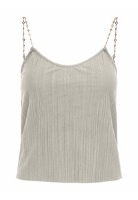 Canotta grigia chiara senza maniche con una texture a coste, caratterizzata da spalline decorative in catena e una vestibilità rilassata. Tessuto morbido e dettaglio leggermente lucido.