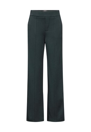 Dark green straight-leg trousers with front seams, side pockets, and an elastic waistband.