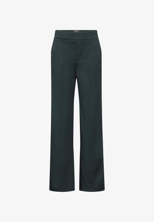 Donkergroene rechte broek met voornaad, zijzakken en een elastische tailleband.