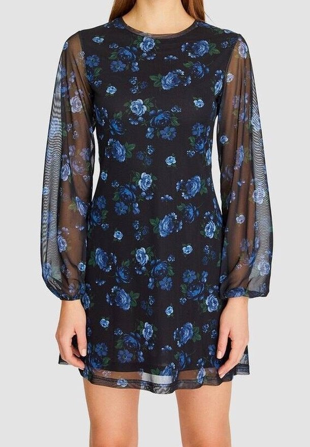 Svart blommig klänning med blå rosor, genomskinliga långärmar, rund halsringning och en figurnära axel. Tyget har en slät textur.