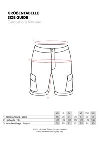 Guide des tailles de shorts cargo indiquant les mesures de la taille, des hanches et de l'entrejambe en centimètres pour les tailles XS à 3XL avec des lignes d'annotation sur les shorts.