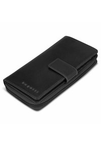 Portafoglio in pelle nera con una texture liscia, chiusura con zip e bottone a pressione. Presenta il nome del marchio impresso sul davanti. Design rettangolare.