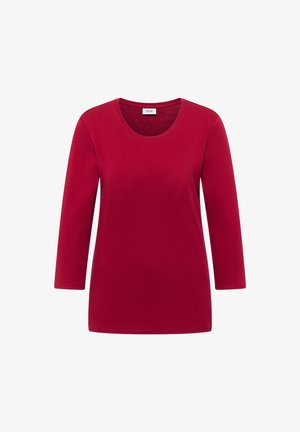 Camicia rossa a maniche lunghe realizzata in tessuto morbido, con scollatura rotonda e vestibilità casual. Presenta un design semplice senza motivi o dettagli.