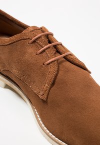 Chaussure en suède marron avec design à lacets, présentant une texture lisse et un détail cousu le long du bord, complétée par une semelle de couleur claire.