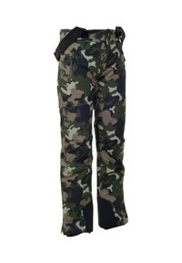 Tarnhosen in verschiedenen Grüntönen, Schwarz und Beige. Zu den Eigenschaften gehören ein Gürtel, Reißverschluss-Taschen und verstärkte Bündchen für Langlebigkeit.