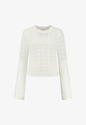 Witte gebreide trui met lange mouwen, met een gestructureerd patroon en ronde halslijn. De stof is lichtgewicht en heeft een losse pasvorm.