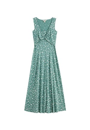 Ärmelloses maxikleid in türkis mit weißem Blumenmuster und gewickeltem Detail vorne am taillierten Oberteil.