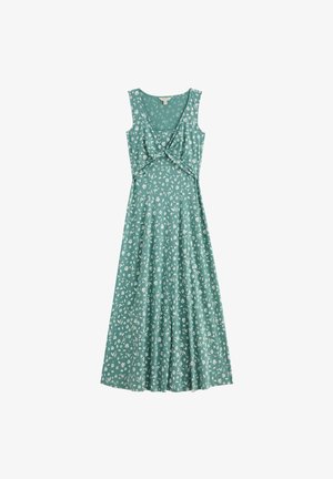 Ärmelloses maxikleid in türkis mit weißem Blumenmuster und gewickeltem Detail vorne am taillierten Oberteil.
