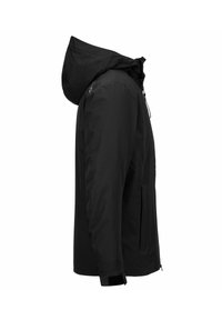 Giacca nera impermeabile con cappuccio, dotata di chiusura a zip, polsini regolabili e tasche laterali, realizzata in tessuto liscio e resistente.