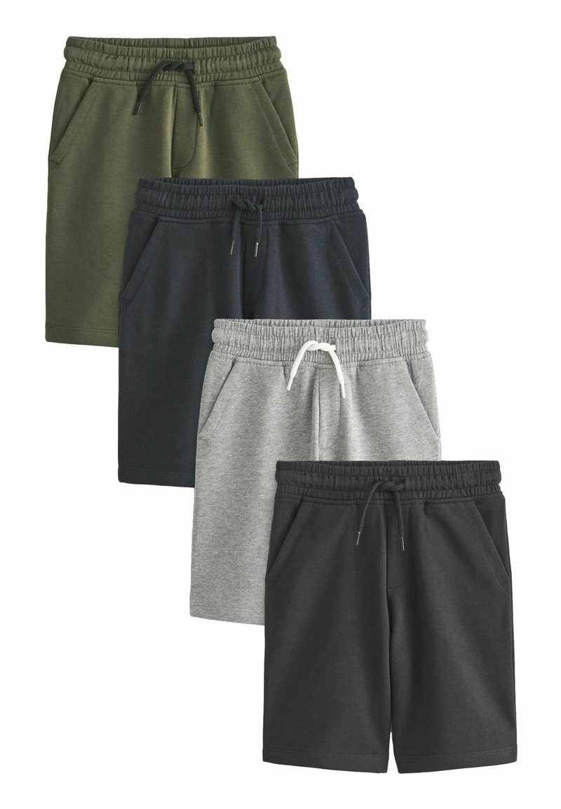 štiri pare kratkih hlač iz bombažne mešanice v olivno zeleni, mornarski modri, sivi in črni barvi, z elastičnim pasom in vrvico ter stranskimi žepi.