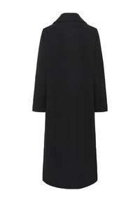 Long black coat with full-length sleeves and a wide collar, shown from the back on a white background.