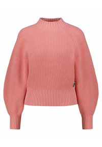 Maglione rosa lavorato a maglia con colletto alto a costine, maniche a palloncino e orlo smerlato. Presenta un piccolo logo su un lato.