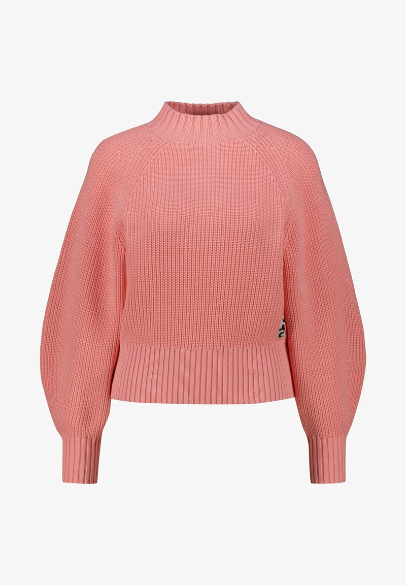 Maglione rosa lavorato a maglia con colletto alto a costine, maniche a palloncino e orlo smerlato. Presenta un piccolo logo su un lato.