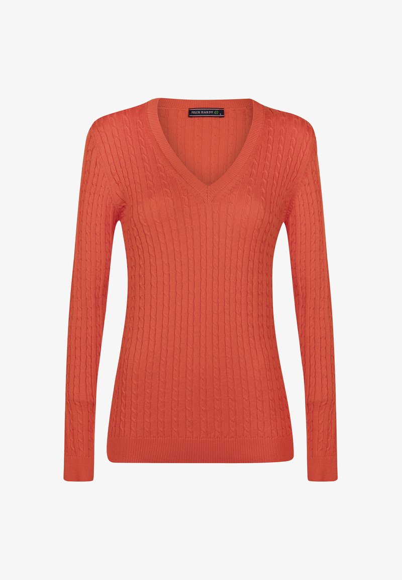 V-Ausschnitt, langärmliger Pullover in leuchtendem Orange, mit einem strukturierten Zopfmuster und gerippten Bündchen und Saum. Hergestellt aus weichem Material.