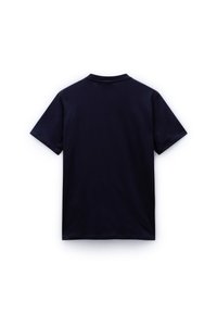 Navyblaue Kurzarm-T-Shirt mit Rundhalsausschnitt, glattem Baumwollmaterial und einem schlichten, unauffälligen Design.