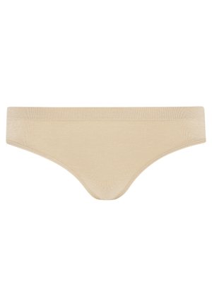 Beige bomullstanga med en slät textur, bred elastisk midjeband och en minimalistisk design. Inga mönster eller detaljer finns.