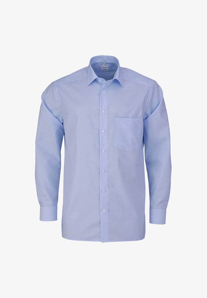 Himmelblaues langärmliges Button-Up-Hemd mit einer Tasche auf der linken Brust und einem klassischen Kragen, vor einem weißen Hintergrund präsentiert.