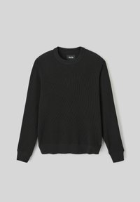 Pull noir côtelé à manches longues, col rond et ourlet droit. Fabriqué à partir d'un tissu texturé, avec une légère élasticité et sans motifs.