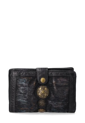 Black textured leather wallet with three decorative metal buttons and a snap closure. Features embossed lines and subtle color variations.